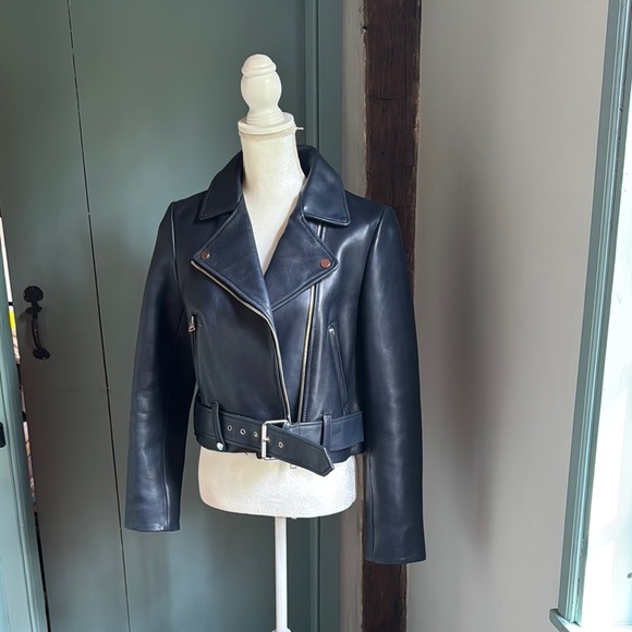 Diane Von Furstenberg Navy Leather Biker/Moto Jacket - Picture 1 of 9